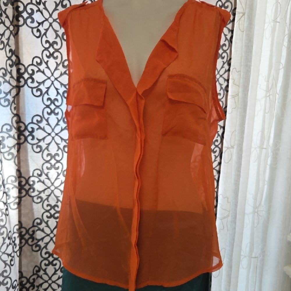 Ultra Flirt Vibrant Orange Sheer Blouse Size Large.
